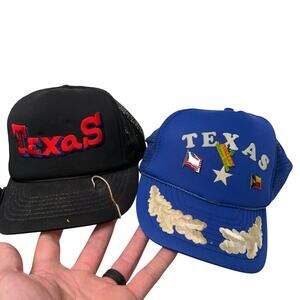 Vintage Pair (2) Texas State Hats Blue / Black YoungAn w/ Lapel Pins / Swag